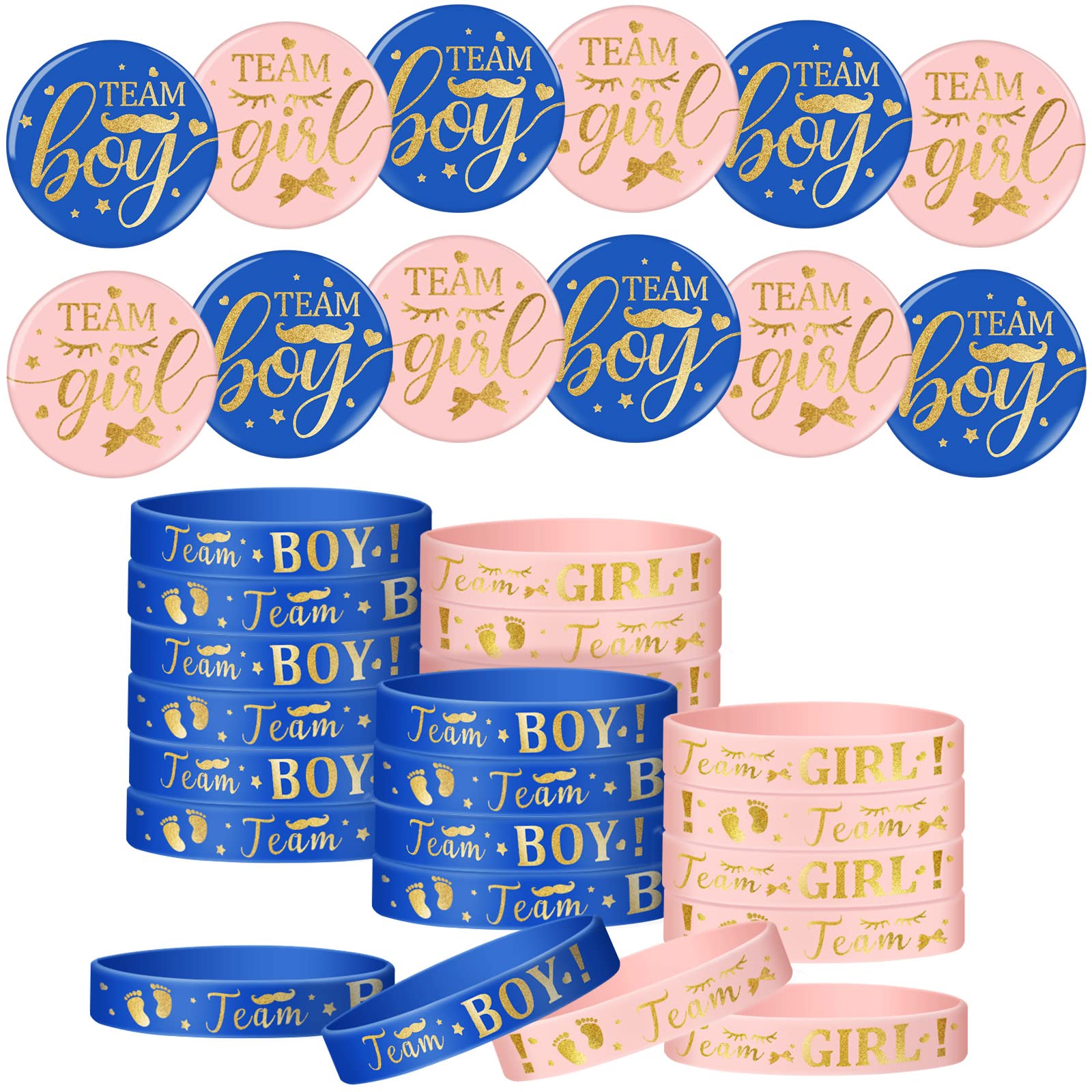 Syhood 48 Pieces Gender Reveal Game Set, Include 24 Buttons Pins Silicone Wristbands Navy Blue and Rose Gold Team Girl Boy for Baby Shower Games Party Supplies
