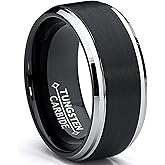 9MM Black Two Tone Tungsten Carbide Men's Brushed Wedding Band Ring, Comfort Fit Sizes 8 to 13
