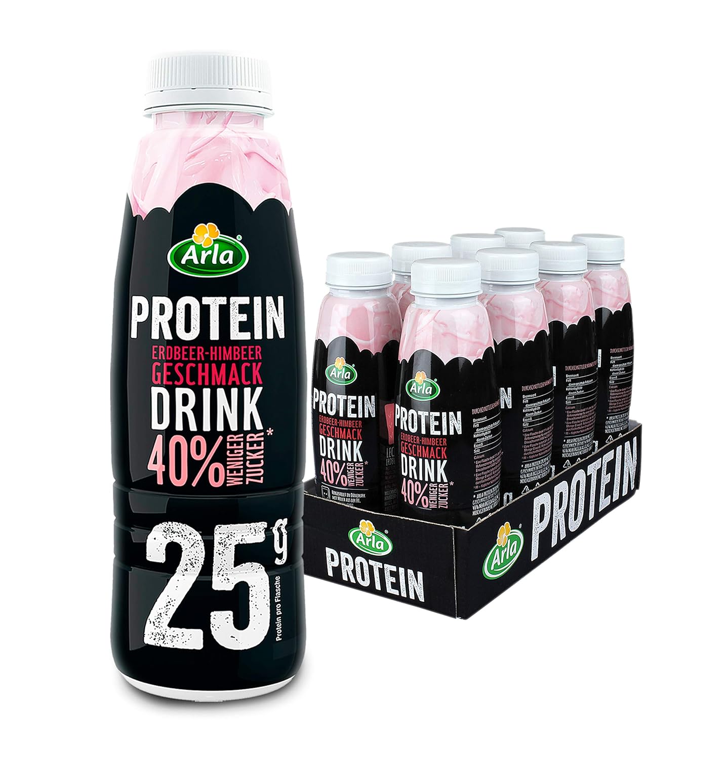 Arla Protein Drink mit ErdbeerHimbeerGeschmack, 8 x 482 ml Himbeer