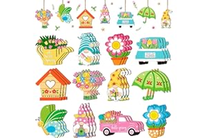JNYVE Spring Flower Wooden Ornaments: 36 Pcs Spring Tree Ornament Flower Gnome Hanging Wood Decorations for Party Home Tree Decor