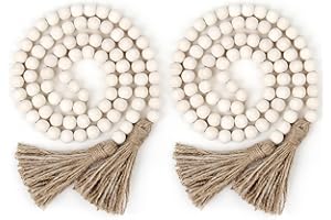 RAMIRABI 2Pcs Farmhouse Beads, 58in Wood Bead Garland with Tassels,Boho Beads Garland Tiered Tray Decor Rustic Country Decor(Nature)