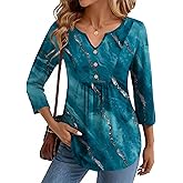 Zeagoo Womens 3/4 Length Sleeve Tops V Neck Dressy Casual T Shirts Pleated Business Work Blouses Basic Tees S-3XL
