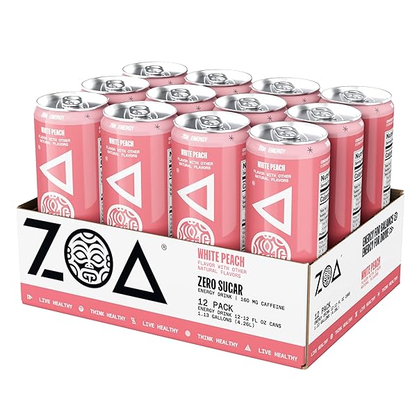 ZOA ZERO SUGAR ENERGY DRINKS – WHITE PEACH | HEALTHY ENERGY FORMULA WITH NATURAL CAFFEINE, DAILY VITAMIN C, ESSENTIAL B-VITAMINS | GLUTEN-FREE, KETO FRIENDLY | 12 OUNCE CANS (PACK OF 12)
