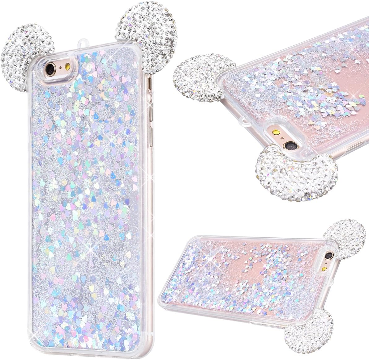 GrandEver iPhone 6S glitz mobile phone case, soft silicone smartphone case, diamond, mouse ears, gel, bling, TPU, bumper, liquid, flow, for iPhone 6/iPhone 6S (4.7 inches), clear, anti-scratch, shock resistant, back cover, ultra thin premium case, Silver
