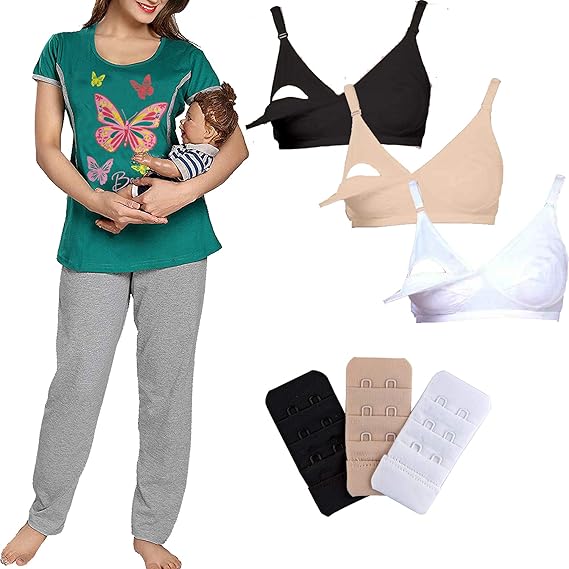 Combo of Feeding/Maternity/Nursing Top-Green,Feeding Bra-Pack of 3/Tricolour and Bra Extender-Pack of 3