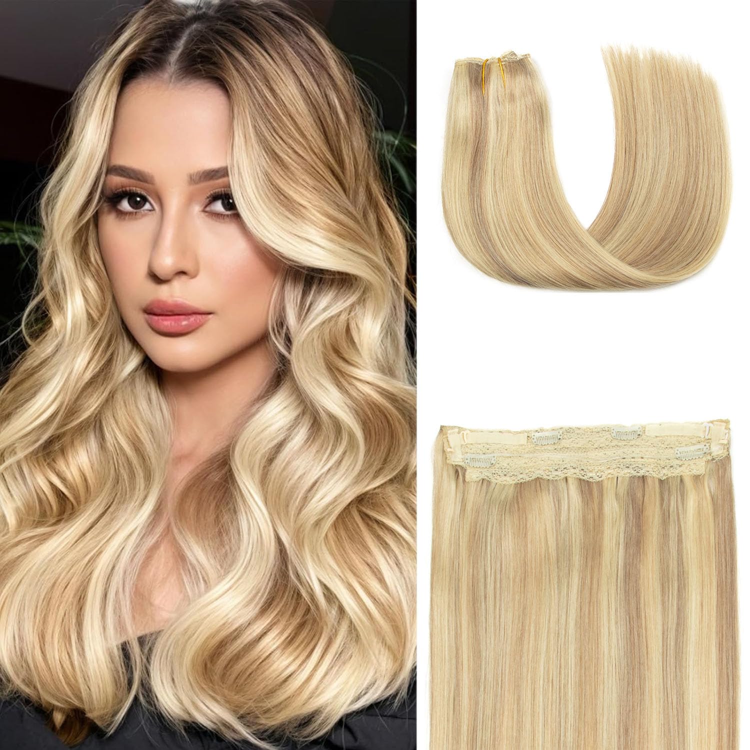AGMITY Invisible Wire Hair Extensions Human Hair Secret Hairpieces 20 Inch 100 Gram Fish Wire Layered Extensions Ash Blonde Highlight Blonde Removable Clips — image 1