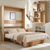 Mjkone Queen Size Wall Murphy Bed with Storage Shelf, Wood Color | Cabinet with Bookshelf, Top Cabinet Bed, Space-Saving, For Bedroom, Guest Room, Studio, Office