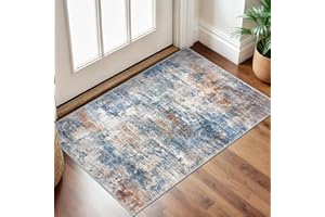 IOHOUZE Small Abstract Area Rug 2x3 Ft Entryway Rugs Washable Door Mat Indoor Entrance, Rubber Backed Throw Rugs, Printed Faux Wool Non Slip Floor Carpet for Foyer Front Door Sink, Blue Rust