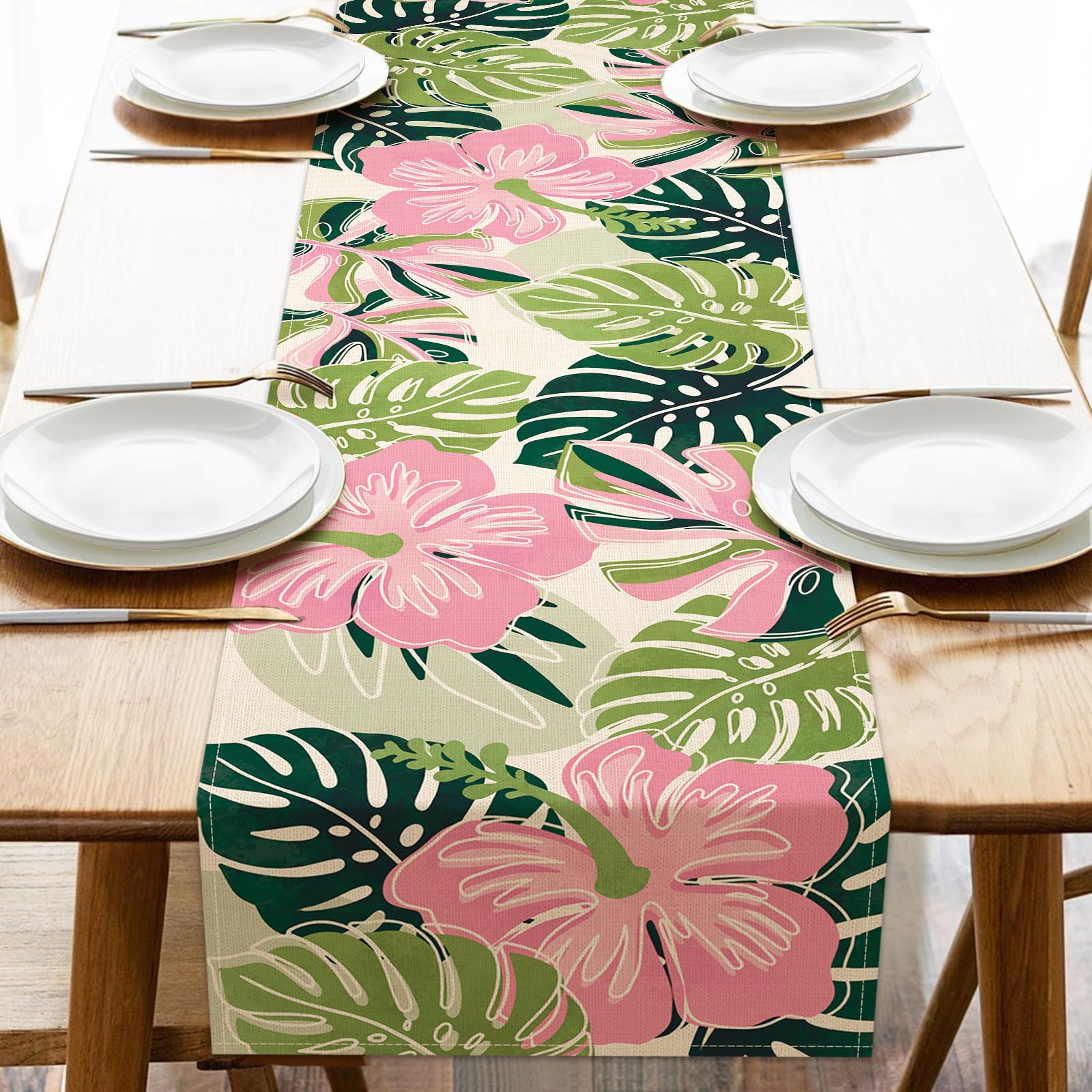 Photo 1 of Croar Boho Palm Leaves Spring Summer Table Runner, Tropical Monstera Hibiscus Flower Floral Bohemian Kitchen Dining Table Decoration, Botanical Indoor Outdoor Home Decor Party Supply 13 x 72 Inch