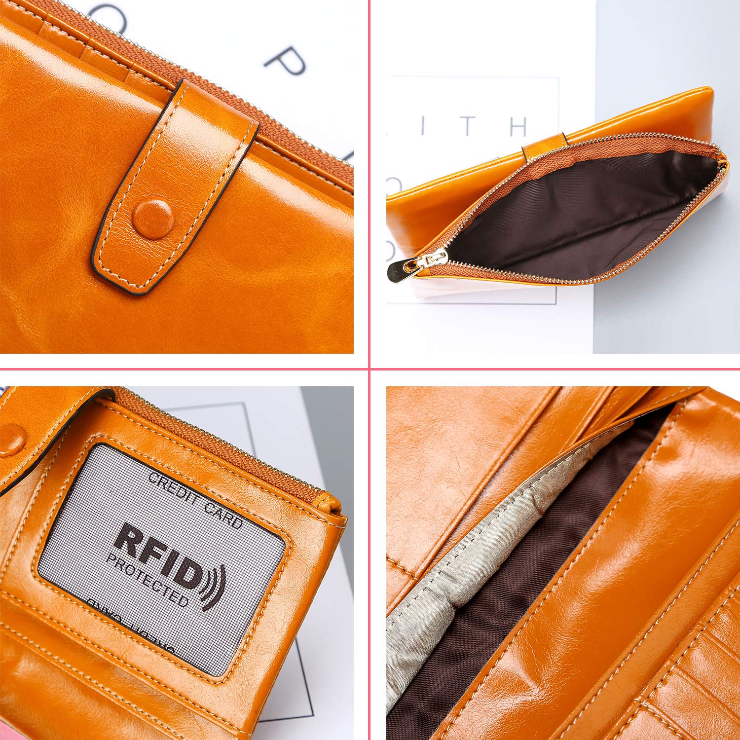 Wallets for Women RFID Bifold Blocking Womens Wallet Large Capacity Minimalist with Zipper Pocket Luxury Wax Genuine Leather Phone Passport Clutch Wallet Wristlet Ladies Purse (Bright orange)