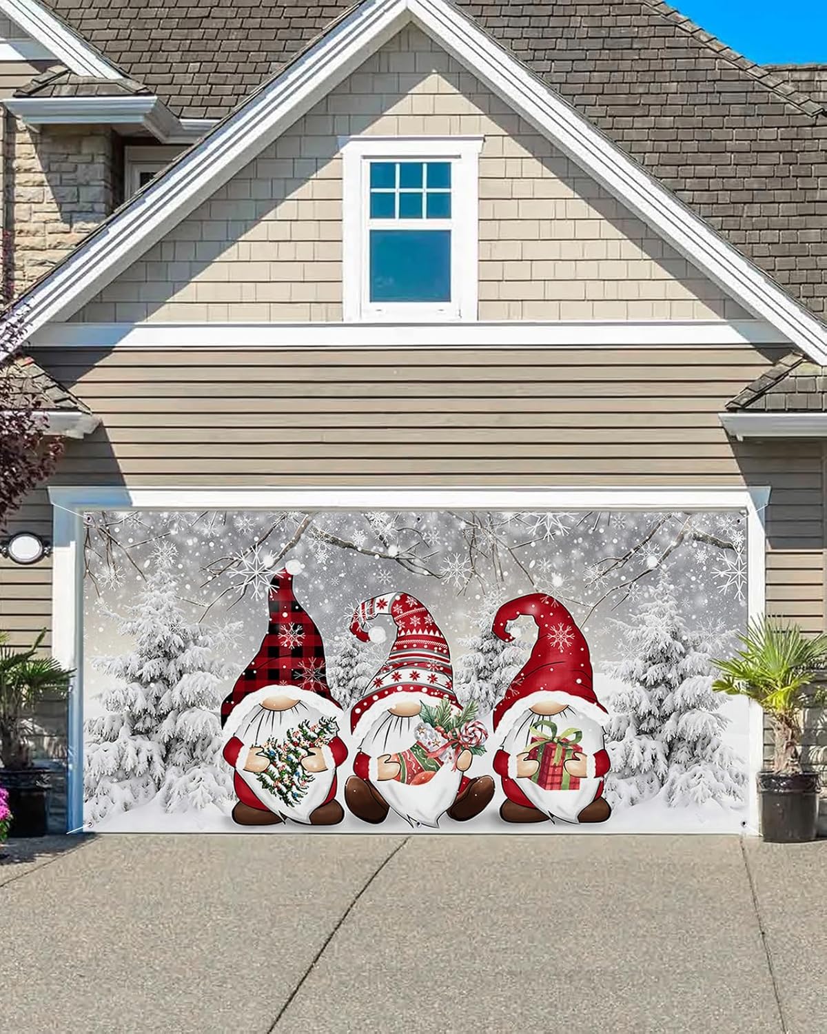 Garage Door Decorations - 7 X 8 Ft Christmas Garage Door Decorations, Garage Door Banner Red Gnome with Xmas Tree and Gifts Outdoor Garage Door Decoration Hanging Banner Garage Wall Decor for Indoor Outdoor Holiday Party