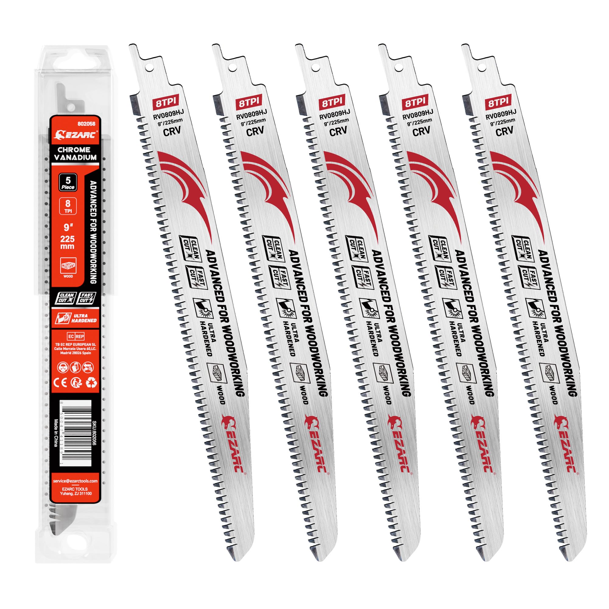 EZARC Japanese Tri-Edged Teeth Reciprocating Saw Blades, 225 mm, Fleam Ground Teeth, 8 TPI for Tree Trimming, Wood/Wet Wood Cutting, 5 Pieces