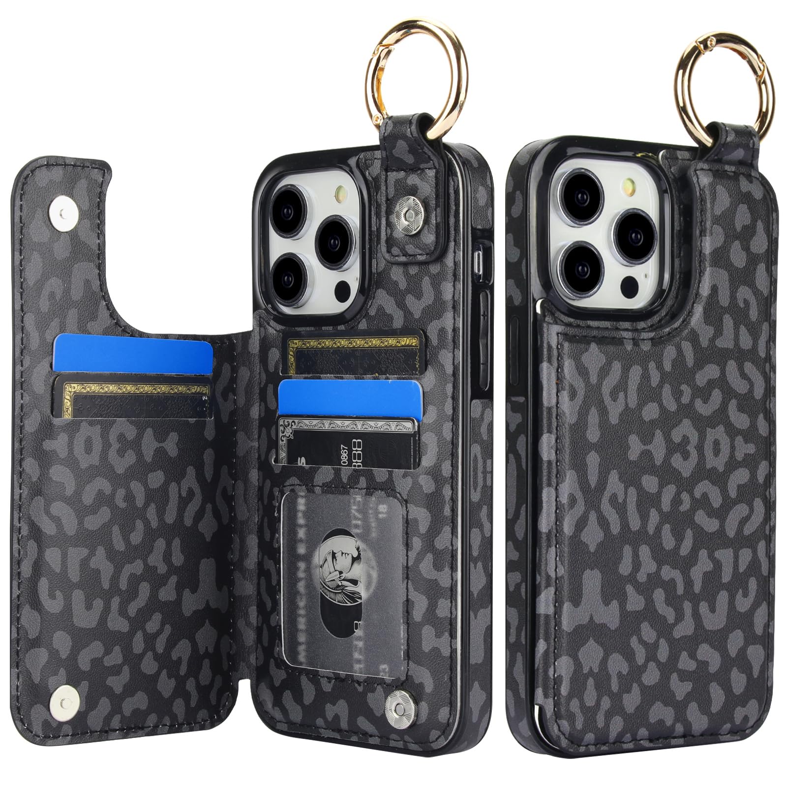 HAOPINSH for iPhone 14 Pro Max Wallet Case with Card Holder, Black Leopard Cheetah Print Back Flip Folio PU Leather Kickstand Card Slots Case, Finger Grip Ring Double Magnetic Clasp Shockproof 6.7"