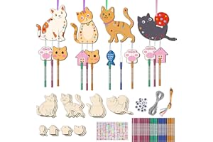 TREACLUB 12 Pack Wind Chime Kit for Kids, Cat Make Your Own Wood Wind Chimes Arts and Crafts for Kids DIY Coloring Cat Ornaments Craft for Party Supplies Home Decoration