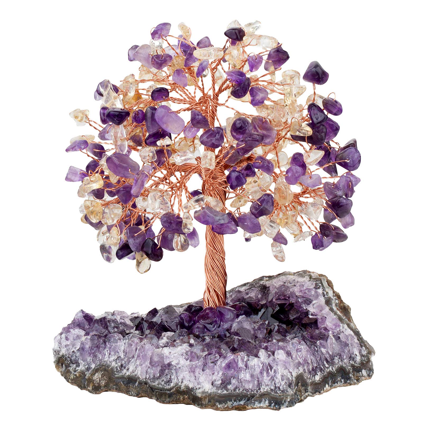 KYEYGWO Healing Amethyst/Citrine Stone Money Tree for Good Luck Wealth, Handmade Figurine Bonsai on Natural Amethyst Cluster Base 4.5"-6" High