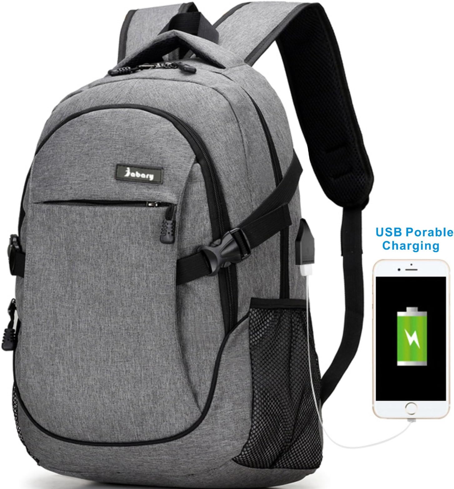 Jabary Business Water Resistant Polyester Travel Laptop Backpack with USB Charging Port Under 15.6-Inch Laptop Notebook Grey