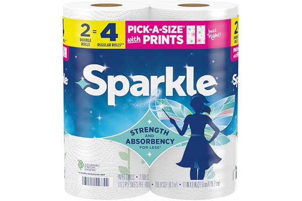 Sparkle Pick-A-Size Paper Towels, Spirited Prints, 2 Double Rolls, Strong 2 Ply Towels for Kitchen Cleanup and Everyday Messes
