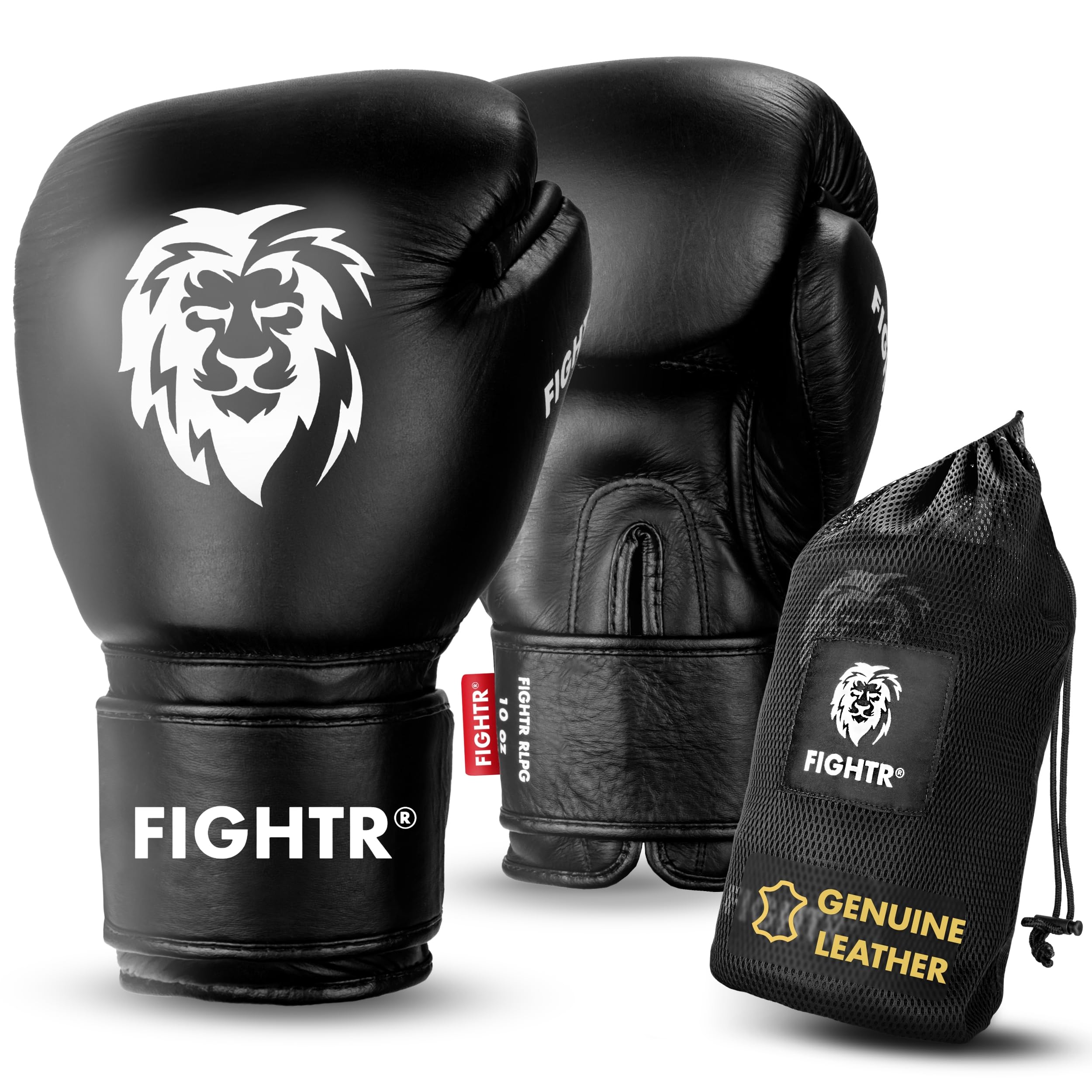 FIGHTR® Professional Real Leather Boxing Gloves | Men and Women | for Boxing, MMA, Muay Thai, Kickboxing & Martial Arts 10 12 14 16 oz | Includes Carry Bag (Black, 14 oz)