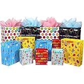 12 Pcs Birthday Gift Bags, Large, Medium and Small Gift Bags Assortment for Boys, Girls, Women, Men (Assorted Sizes)