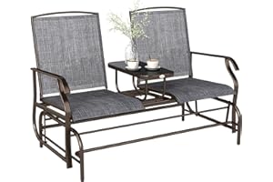 Outsunny Outdoor Glider Bench with Center Table, Metal Frame Patio Loveseat with Breathable Mesh Fabric and Armrests for Backyard Garden Porch, Gray