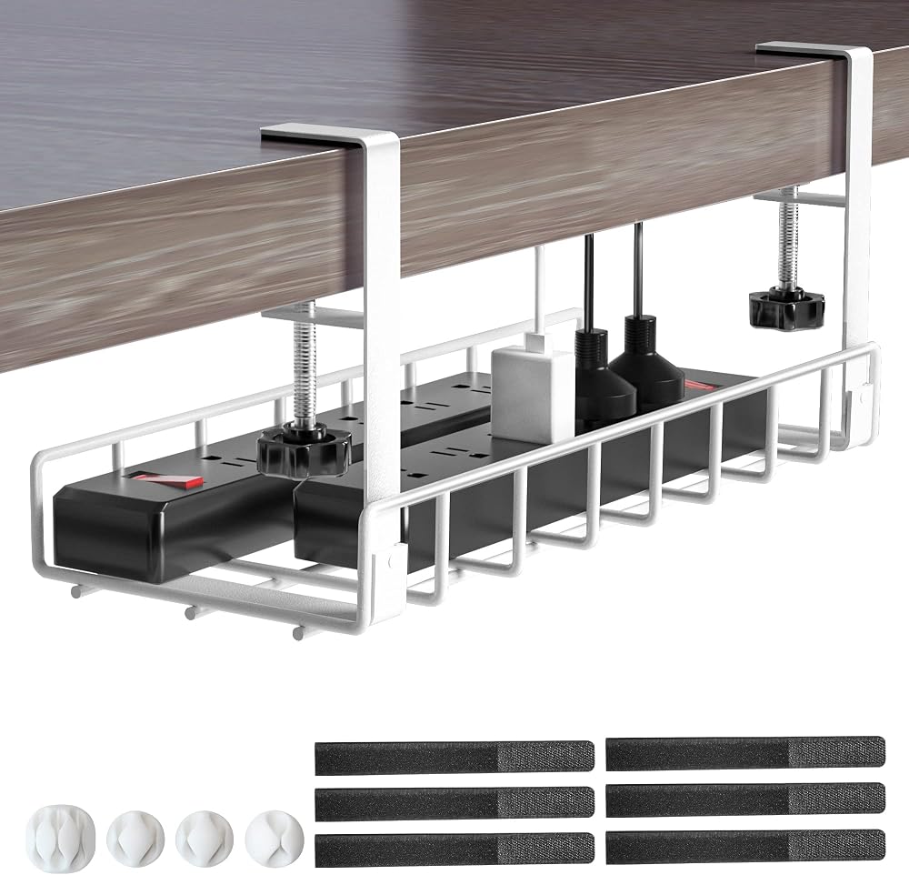 Xpatee Under Desk Cable Management Tray No Drill Clamp Wire Organizer White