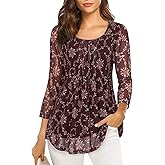 VALOLIA Women's 3/4 Sleeve Tunic Tops Casual Loose Fit Floral Blouses Mesh Pleated Layered Shirt