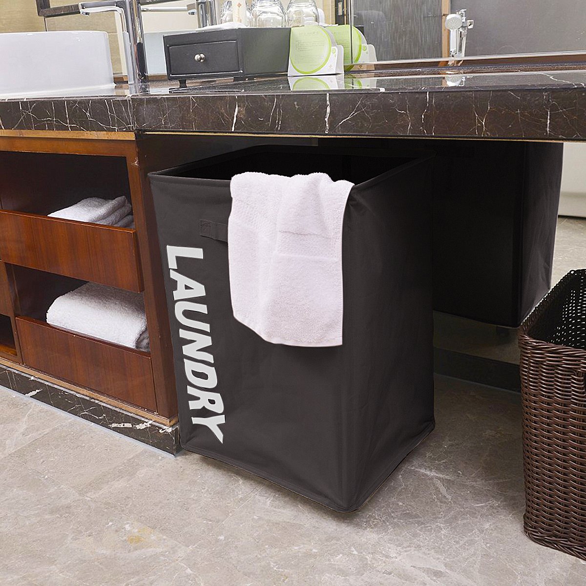 WOWLIVE Rolling Collapsible Laundry Hamper Foldable Tall Rectangular Laundry Basket with Wheels Waterproof Corner Standing Baby Home Organizer Storage Bin (Chocolate brown)