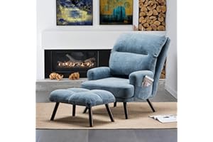 HOOOWOOO Chaise Lounge Sofa Chair Recliner Accent Chair Ottoman Set Linen Upholstery Sofa with Ottoman with Side Bags for Living Room,Blue