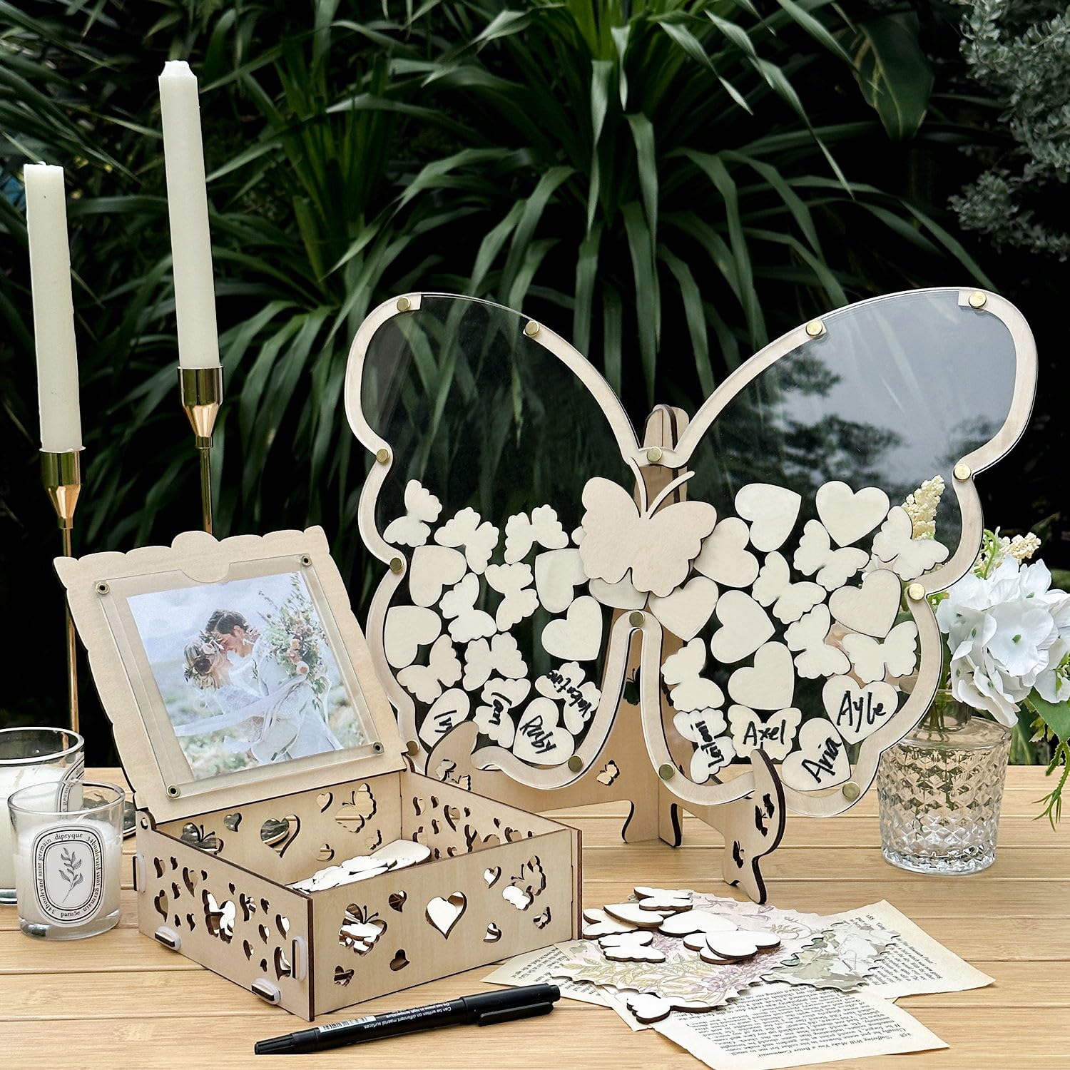 Photo 1 of OurWarm Wedding Guest Book Alternative, Wooden Butterfly Wedding Decor Guest Book with 50 Hearts, 50 Butterflies, Marker Pen, Wedding Decorations for Reception Wedding Signs for Anniversary, Ceremony