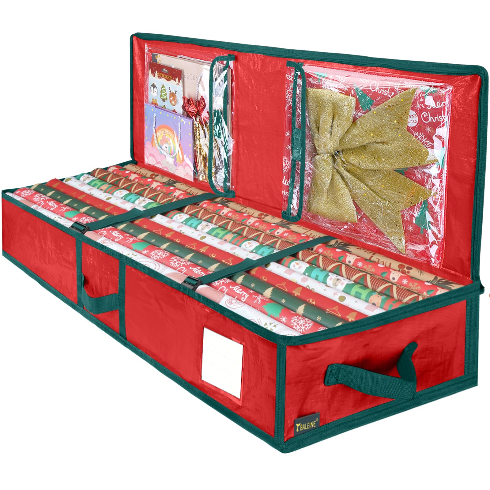 Photo 1 of BALEINE SOFT Christmas Wrapping Paper Storage Bag, 40" Durable PE Gift Wrap Storage Bag with Flexible Partitions and Pockets for Ribbon, Accessories (Red)