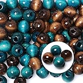 50 Pieces 15mm Wooden Beads - Large Hole, Round, Brown/Blue, Bulk with 6mm Hole for Name Tags, Macrame, Garlands, Home Decor