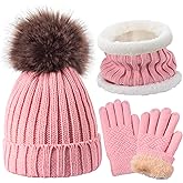 Kids Winter Knit Beanie Hat Scarf Gloves Set for Girls Boys Warm Thick Fleece Lined Cap with Pompom Mittens Neck Warmer