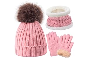 Kids Winter Knit Beanie Hat Scarf and Gloves Set for Girls Boys with Pompom