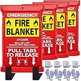JJ CARE Fire Blanket – 4 Packs with Hooks and Gloves – 40” x 40” Fire Blankets Emergency for Home and Kitchen, High Heat Resistant and Flame Protection for Kitchen, Car, Office, Camping & Home Safety