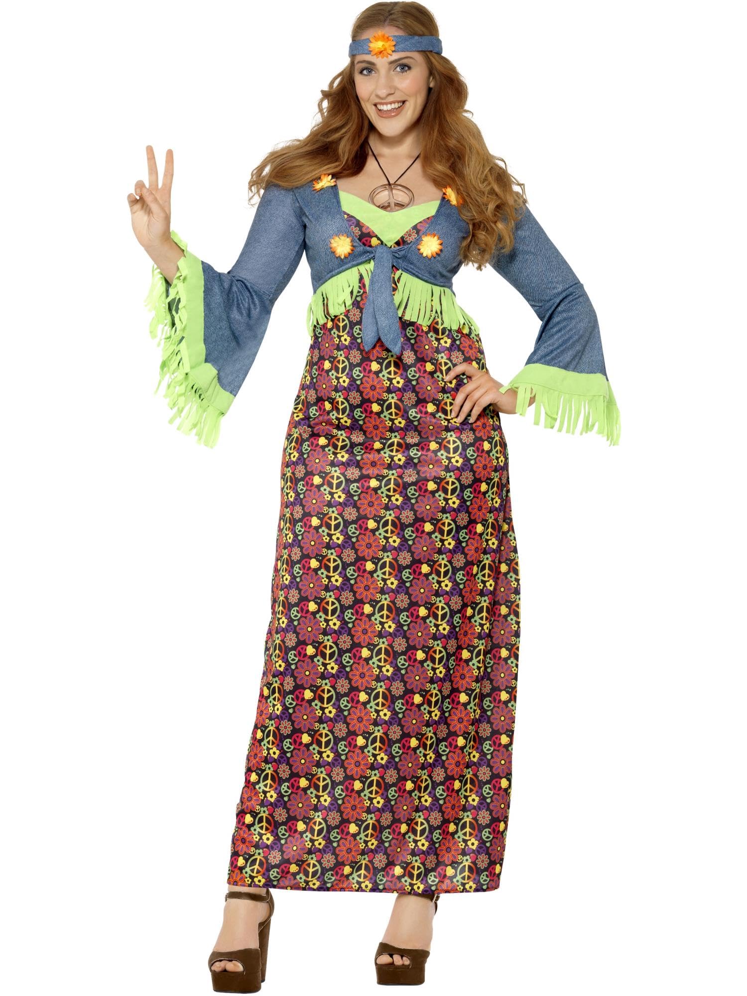 Smiffys Curves Hippie Lady Costume, Multi-Coloured with Dress, Attached Waistcoat & Headband, 1960's Groovy Fancy Dress, Adult Dress Up Costumes