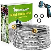 Beitopamz Garden Hose 75 ft, Stainless Steel Metal Water Hose with Nozzle, Flexible and Durable, Rust Proof, No-Kink, Heavy Duty, Leakproof 3/4'' Brass Fittings, Lightweight Hose for Patio, Lawn