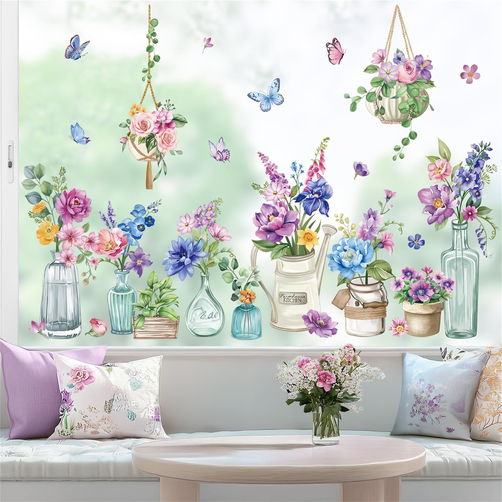 wondever Spring Summer Potted Flowers Window Clings Floral Vase Butterflies Glass Sticker Decal Anti Collision Double-Side Static Window Stickers for Home Glass Window