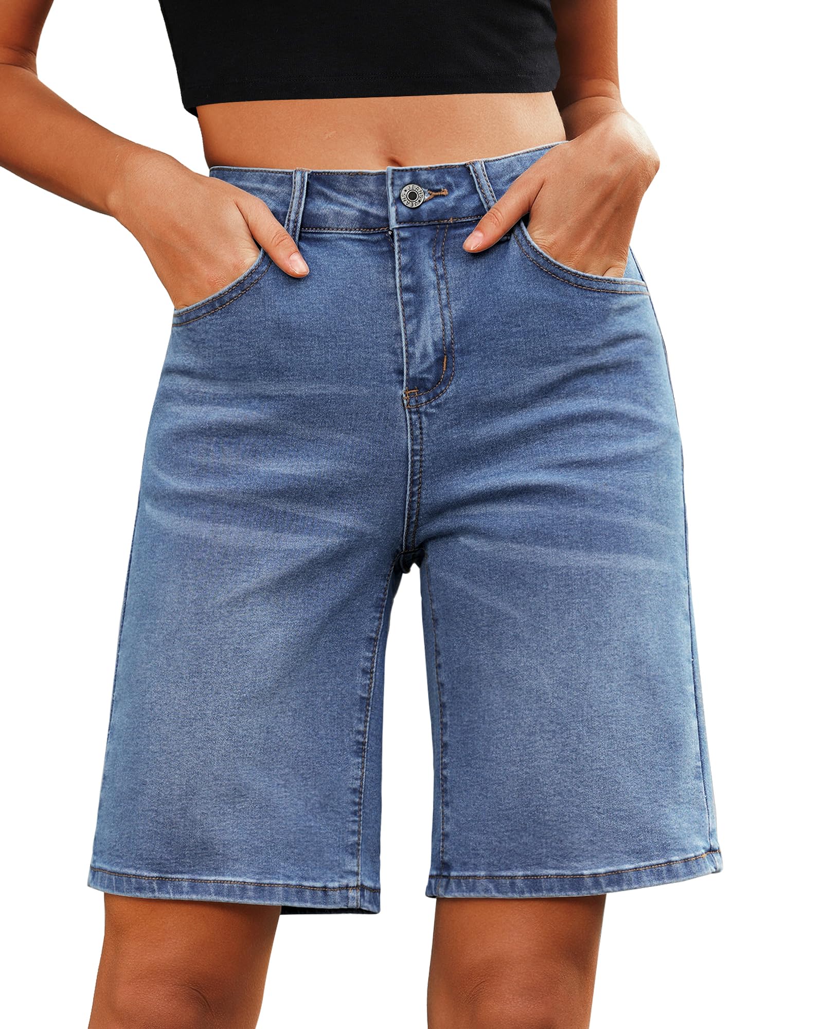 Utyful Long Jean Shorts for Women High Waisted Trendy Long Stretchy Denim Shorts Knee Length Casual Summer Jorts Bay Blue Medium Fits US Size 8 to 10