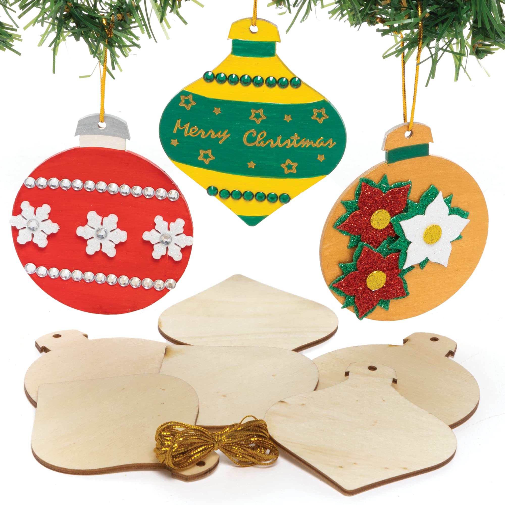 Baker Ross FC117 Christmas Wooden Baubles - Pack of 12, Make Your Own Christmas Decorations, Wooden Crafts for Kids, Hanging Decorations for Christmas Trees