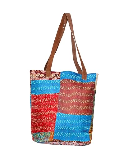 IndiWeaves Womens Silk Kantha Work Leather Handle Handmade Tote Bag, Top Handle Shoulder Bag -Blue/Red/Brown