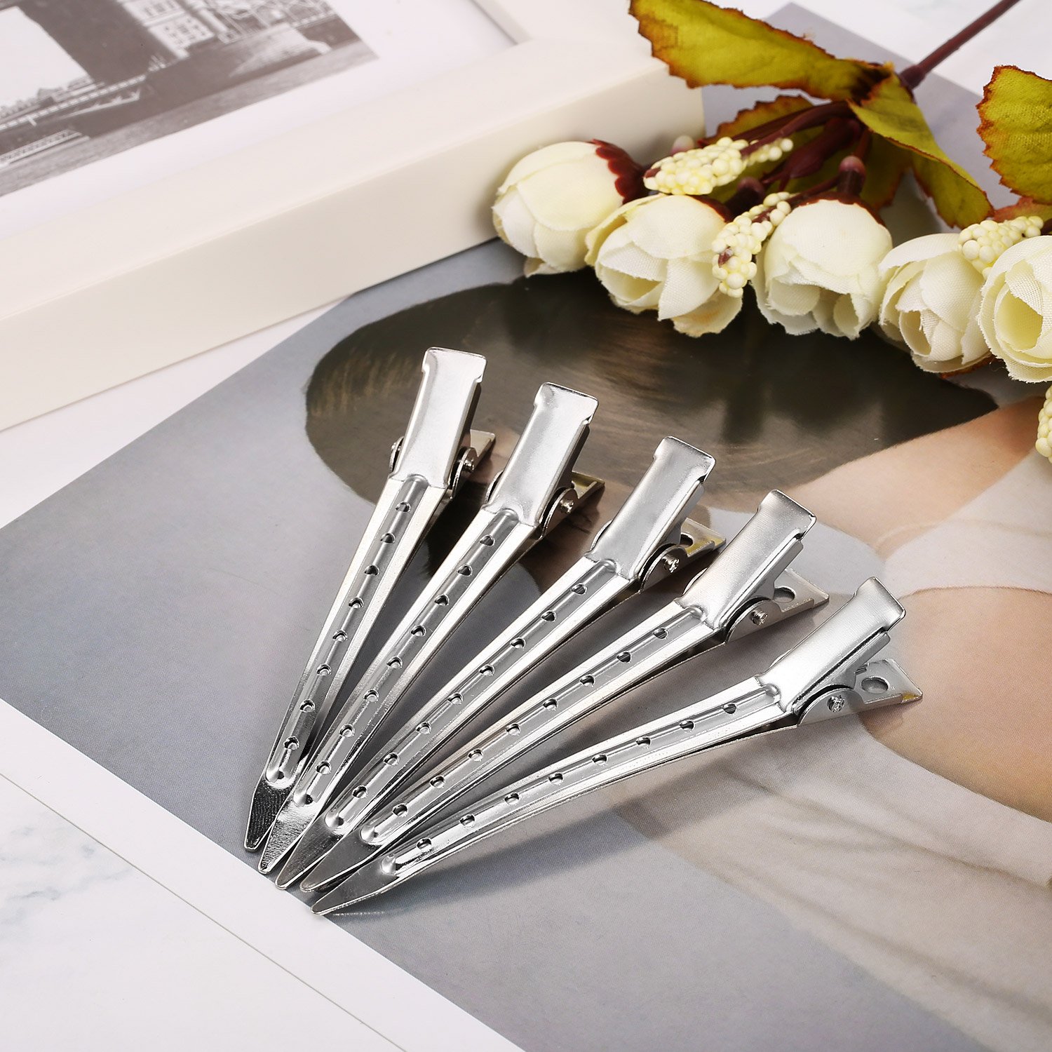 3.5 Inches Duck Bill Hair Clips Metal Alligator Curl Clips Sectioning Clips with Holes (24 Pieces) : Beauty