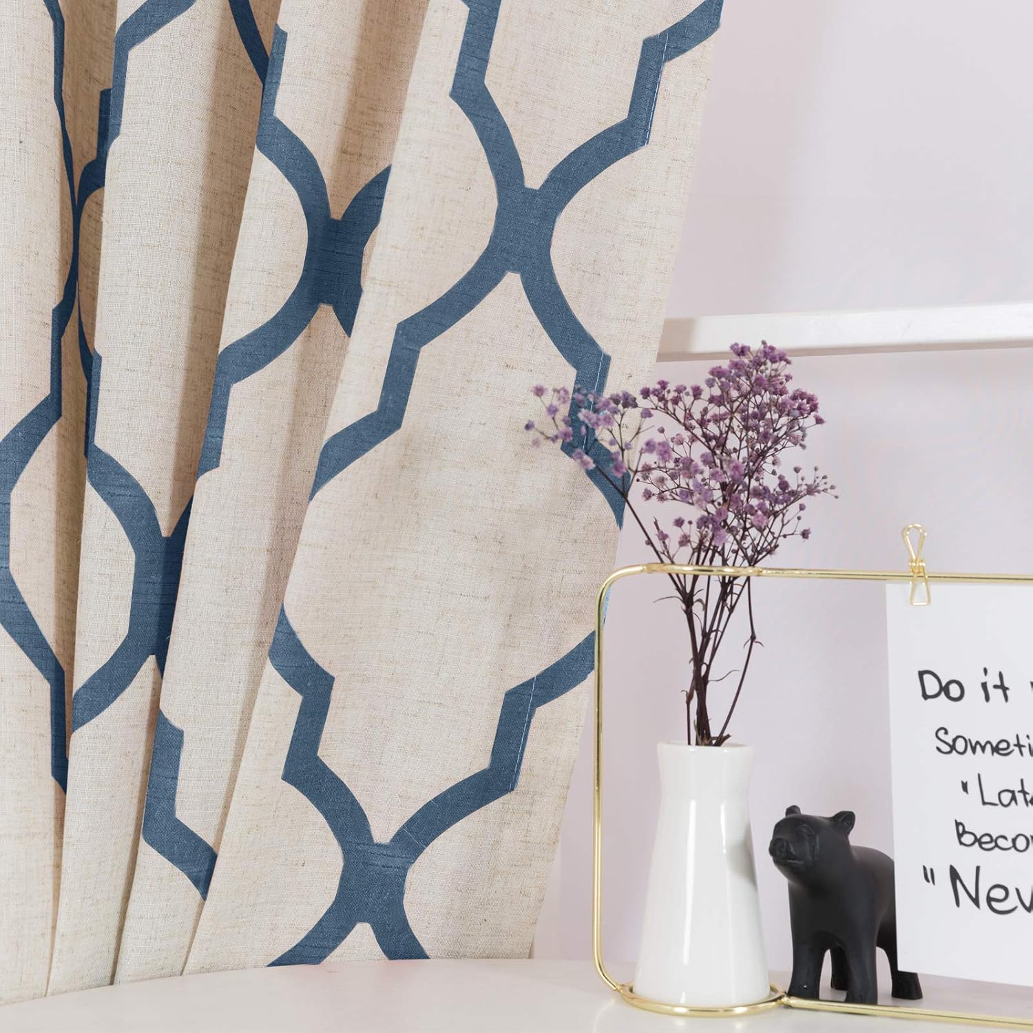 JINCHAN Moroccan Tile Print Curtains for Living Room Quatrefoil Flax Linen Blend Textured Geometry Lattice Grommet Window Treatment Set for Bedroom 50" W x 45" L 2 Panels Blue on Beige: Kitchen & Dining