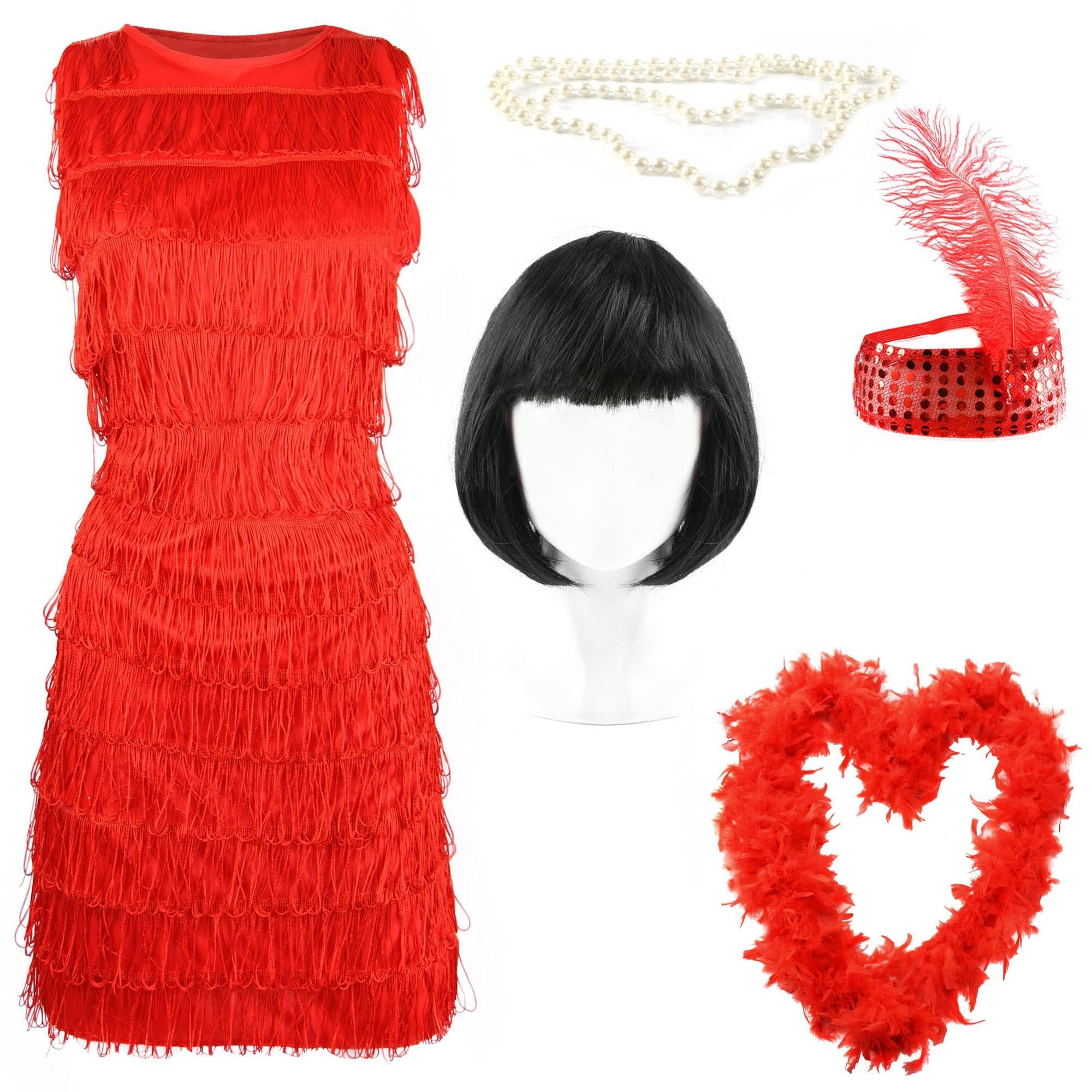 Red Flapper Dress - X-Small - Ladies Flapper Fancy Dress Costume with Matching Sequin Headband, Pearl Necklace, Bob Wig, and Feather Boa - 1920's Party Dress