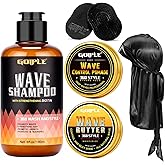 Goiple 360 Wave Shampoo Wave Pomade Strong Hold 360 Training Hair Cream, Wave Butter for Men Pocket Palm Brush Curved Brush Silky Durags for Men Extra Long Tails Wave Brush Wave Cap Set