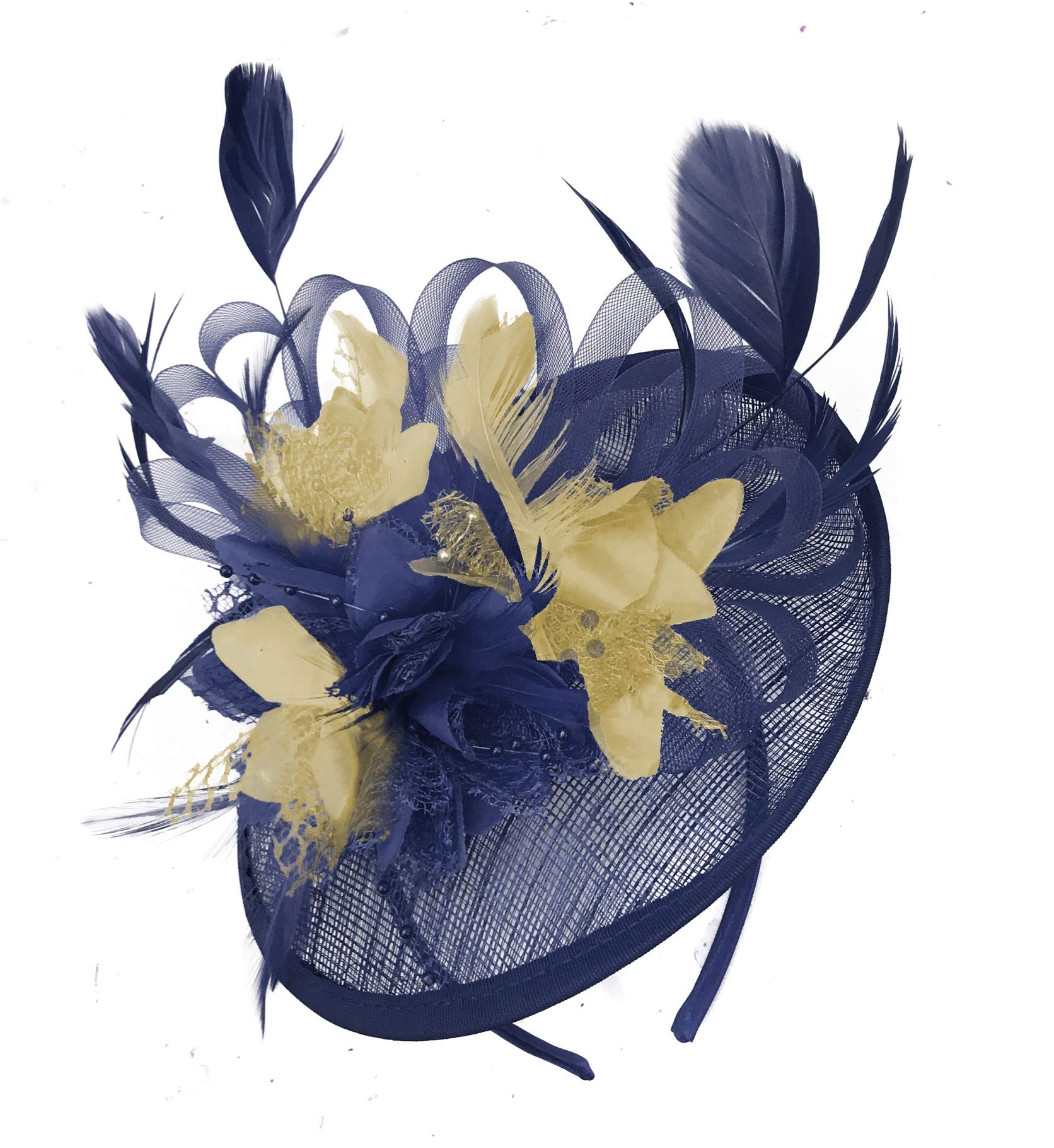 Caprilite Navy Blue and Beige Sinamay Disc Saucer Fascinator Hat for Women Weddings Headband