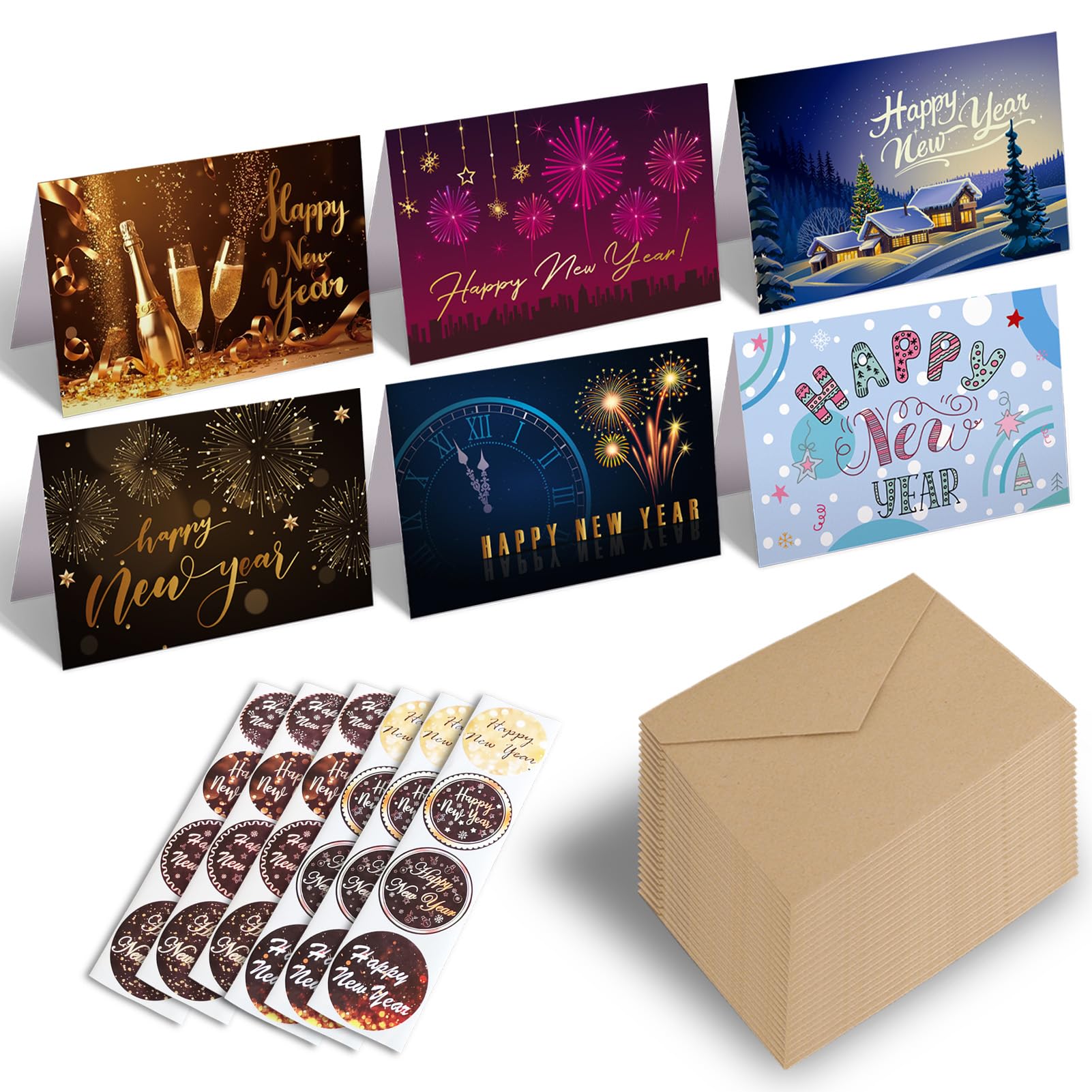 24 Pack Happy New Year Cards 2026, Multipack New Year Greeting Cards with Envelopes Stickers, 2026 Bulk Assortment New Years Eve Card for Families Friend Colleagues