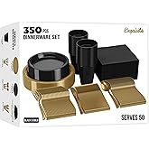 350 Pcs Black & Gold Plastic Plates For Party, Black & Gold Disposable Plates Set, 50 Of Each 9" Dinner Plate Set, 7" Dessert Plate, Cups, Napkins & Cutlery Plastic Dinnerware Exquisite