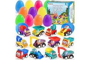 BAYSING 12 Pcs Easter Prefilled Eggs with Truck Toys Insided, Easter Egg with Construction Cars for Kids Easter Egg Hunt Party Favors, Basket Stuffers Filler, School Classroom Prize Supplies