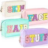 ZAUGONTW 4Pcs Large Cosmetic Bag Preppy Makeup Bag Chenille Letter, PU Leather Waterproof Travel Organizer Hair Bags with Nylon Zipper Patches Makeup Organizer Bags Set for Women Girls