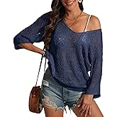 ATHMILE Off The Shoulder Tops for Women Summer Crochet Hollow Out 3/4 Sleeve Pullover Sweater Beach Cover up Vacation Clothes